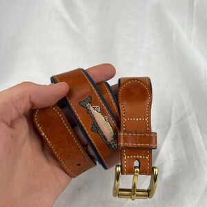 Orvis Brown Leather Belt with Embroidered Fish Design and Blue Stitching